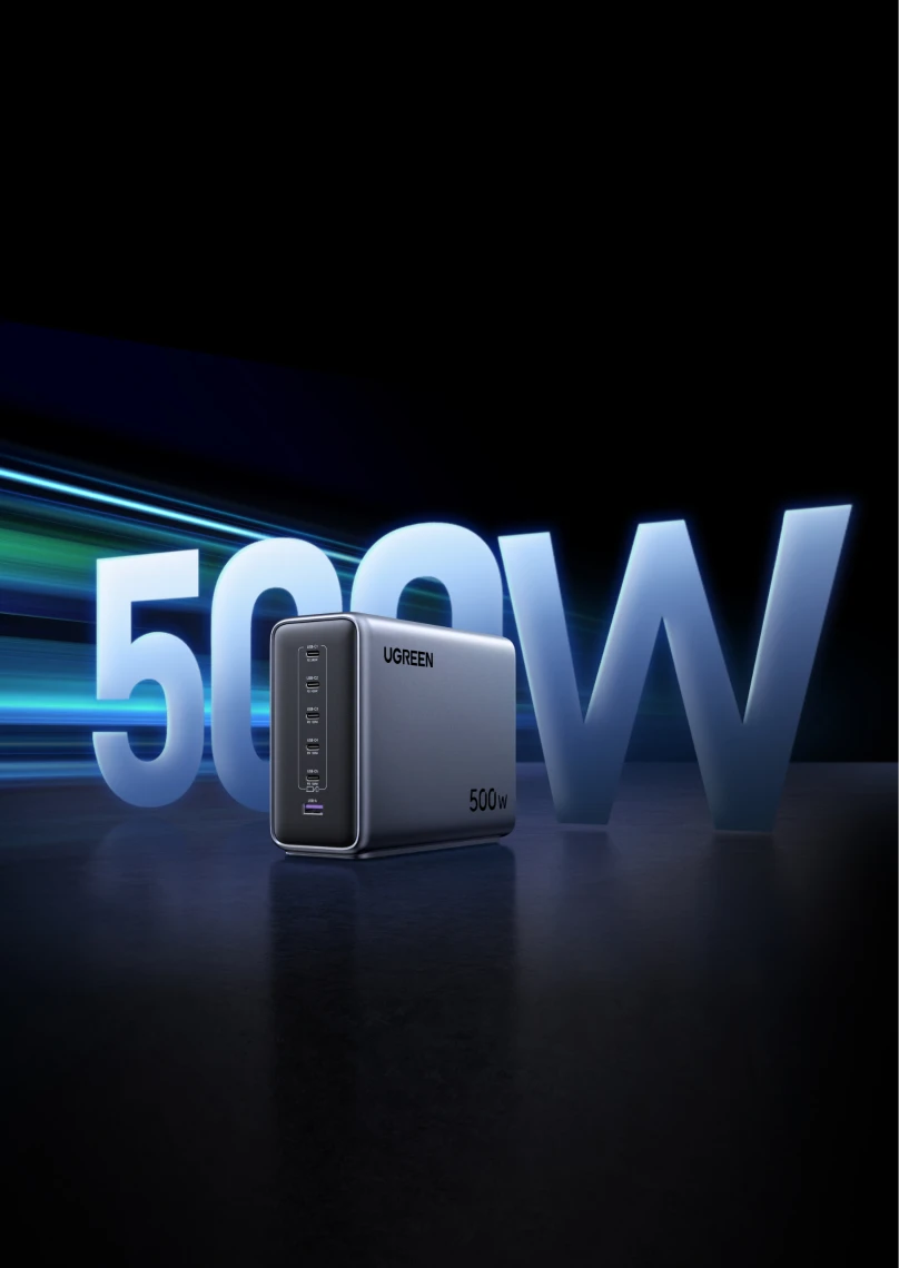 Le UGREEN Nexode 500W Chargeur rapide de bureau GaN 6 ports offre une puissance de chargement sans précédent en tant que premier chargeur de bureau GaN de 500W au monde, établissant une nouvelle norme pour des capacités de chargement rapides et efficaces.