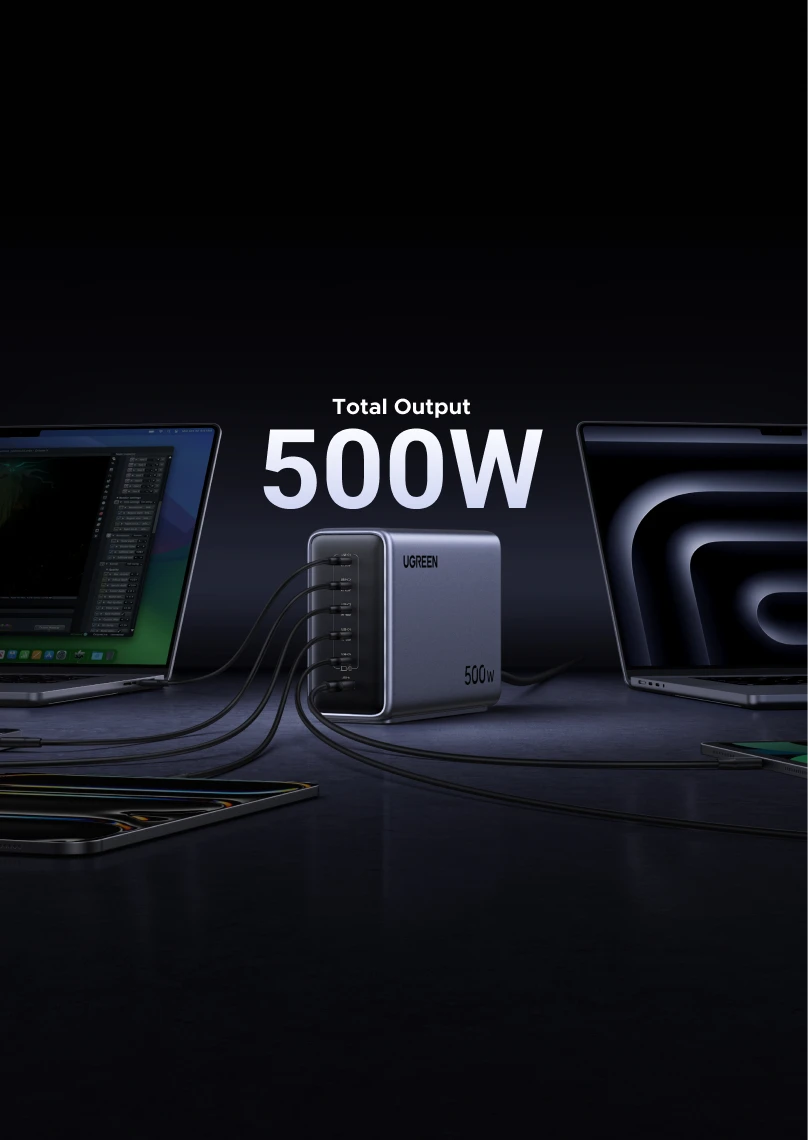 Le UGREEN Nexode 500W Chargeur rapide de bureau GaN 6 ports dispose de 5 ports USB-C et 1 port USB-A, vous permettant de charger 6 appareils simultanément à haute vitesse.