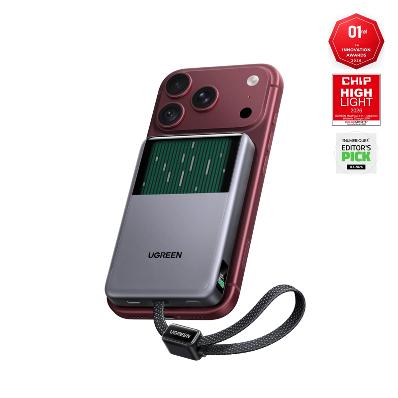 UGREEN MagFlow Pro Batterie Externe Magnétique (10 000 mAh, Qi2 25 W, Câble USB-C Intégré 45 W)