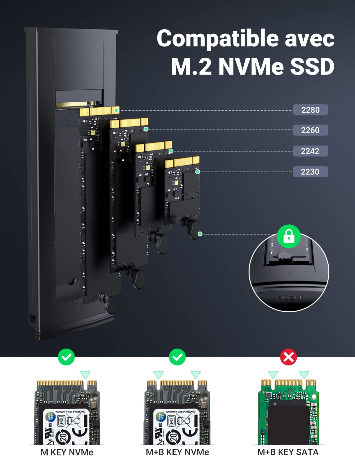 Boîtier SSD M.2 NVMe, boîtier SSD NVMe externe USB C sans outil, adaptateur  M.2 NVMe vers USB, USB 3.2 Gen2 (10 Gbit/s) prend en charge UASP, Trim