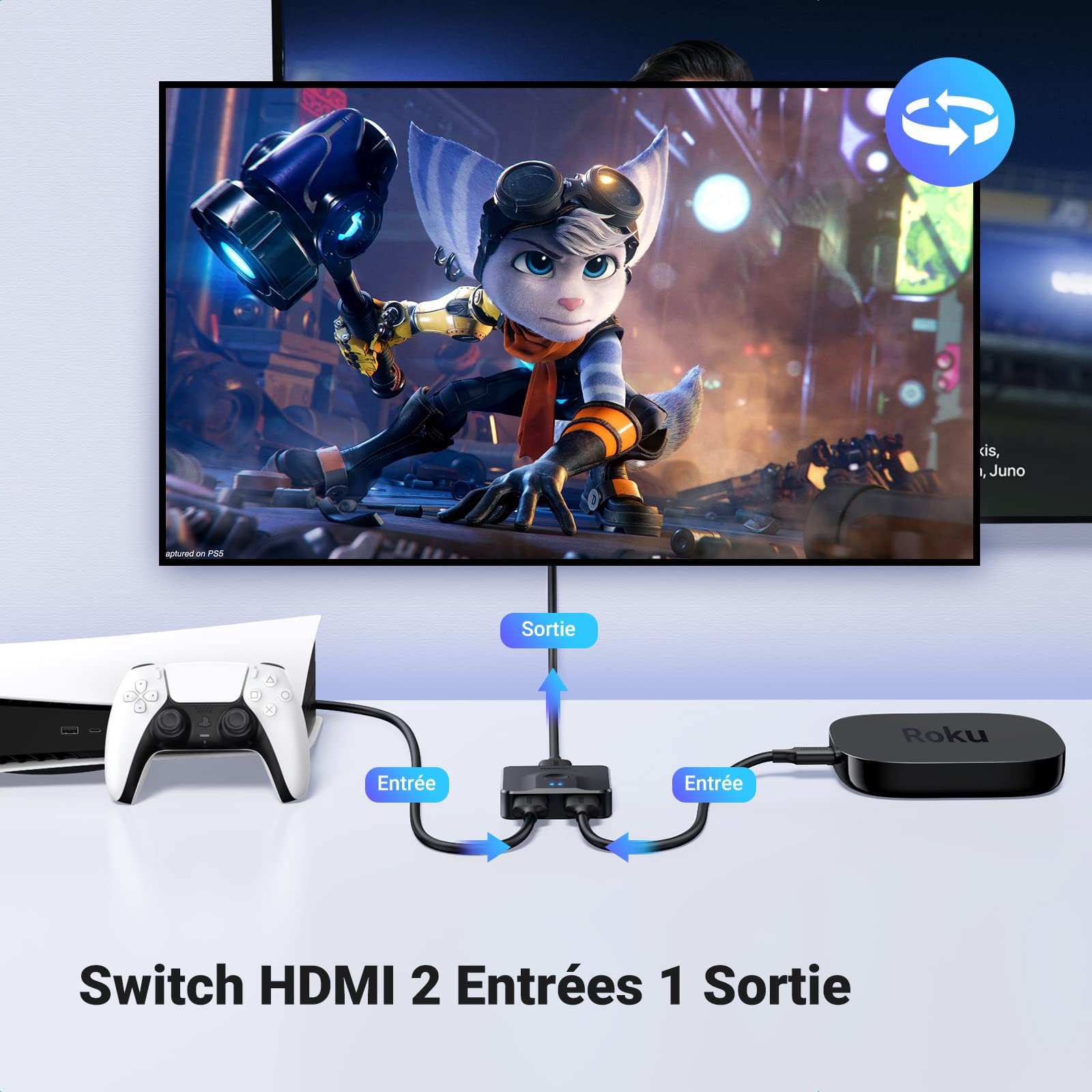 Commutateur HDMI avec 5 entrées et 1 sortie avec télécommande Commutateur HDMI avec 5 entrées et 1 sortie avec télécommande
