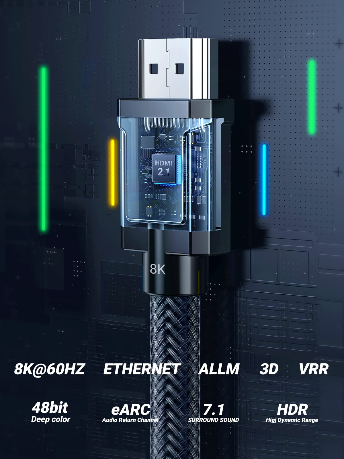 Câble HDMI 2.1 Certifié 8K 10K 48Gbps 2M – UHD 4K 240Hz, VRR, EARC, HDR10+, Dolby Vision – Compatible PS5, Xbox, MacBook M4, TV 8K