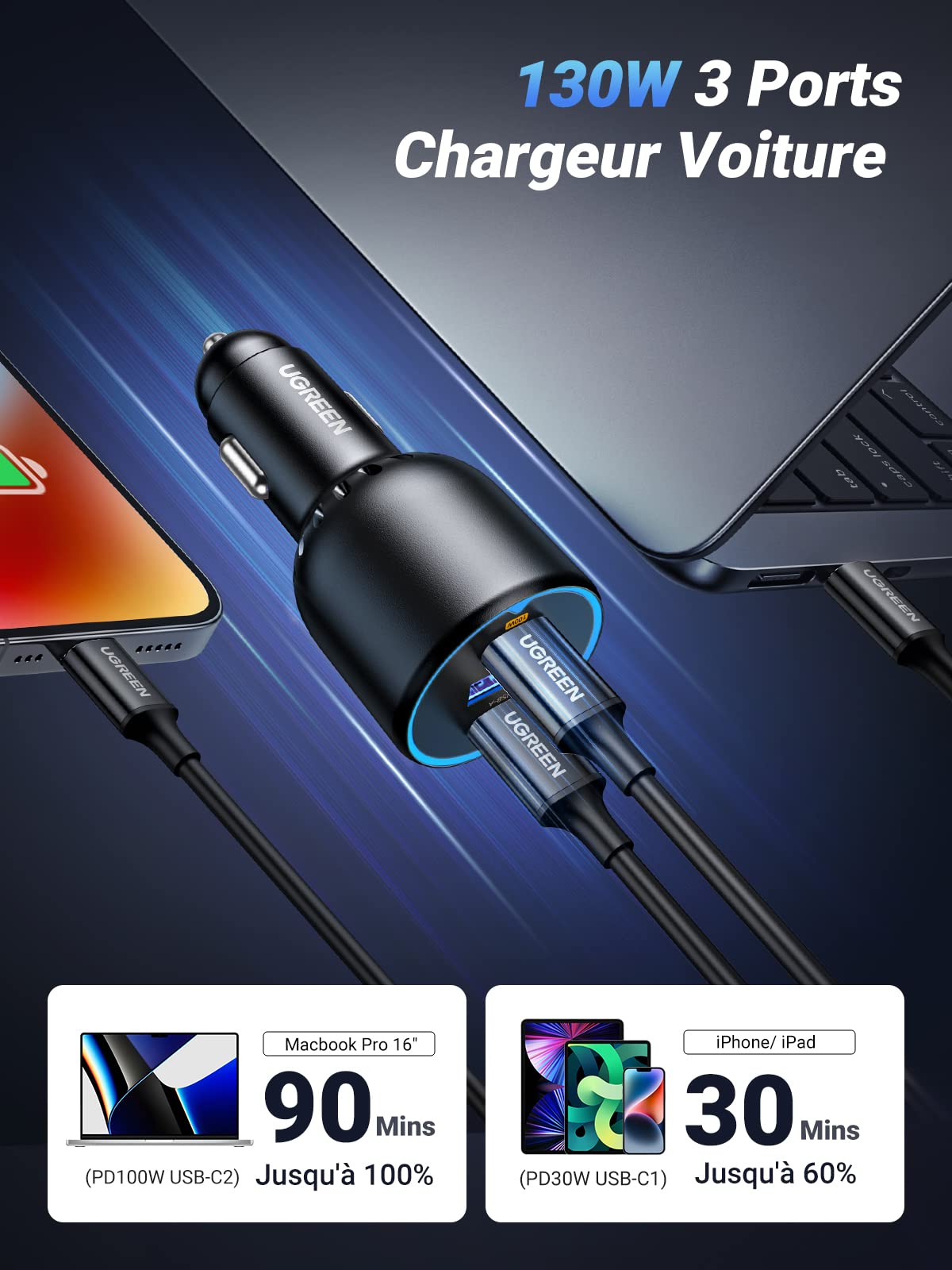 120W Chargeur Voiture USB C, 5-Ports PD3.0 & QC3.0 Super Rapide Allume  Cigare