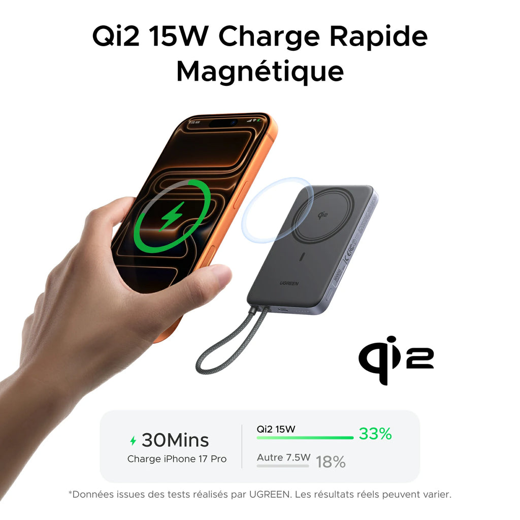UGREEN MagFlow Air Batterie Externe Magnétique (10 000 mAh, Qi2 15 W, Câble USB-C Intégré)
