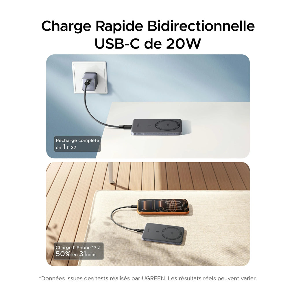 UGREEN MagFlow Air Batterie Externe Magnétique (5000mAh, Qi2 15W)