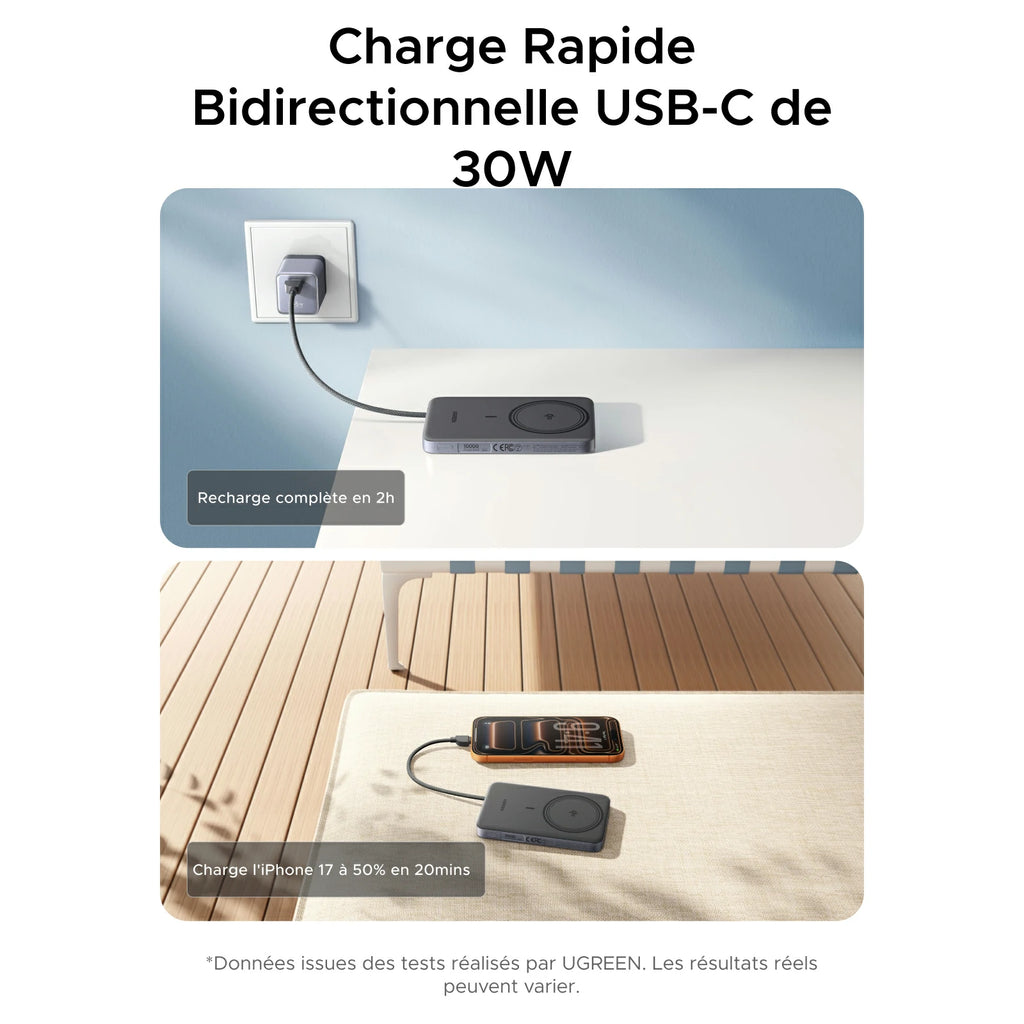 UGREEN MagFlow Air Batterie Externe Magnétique (10 000 mAh, Qi2 15 W, Câble USB-C Intégré)