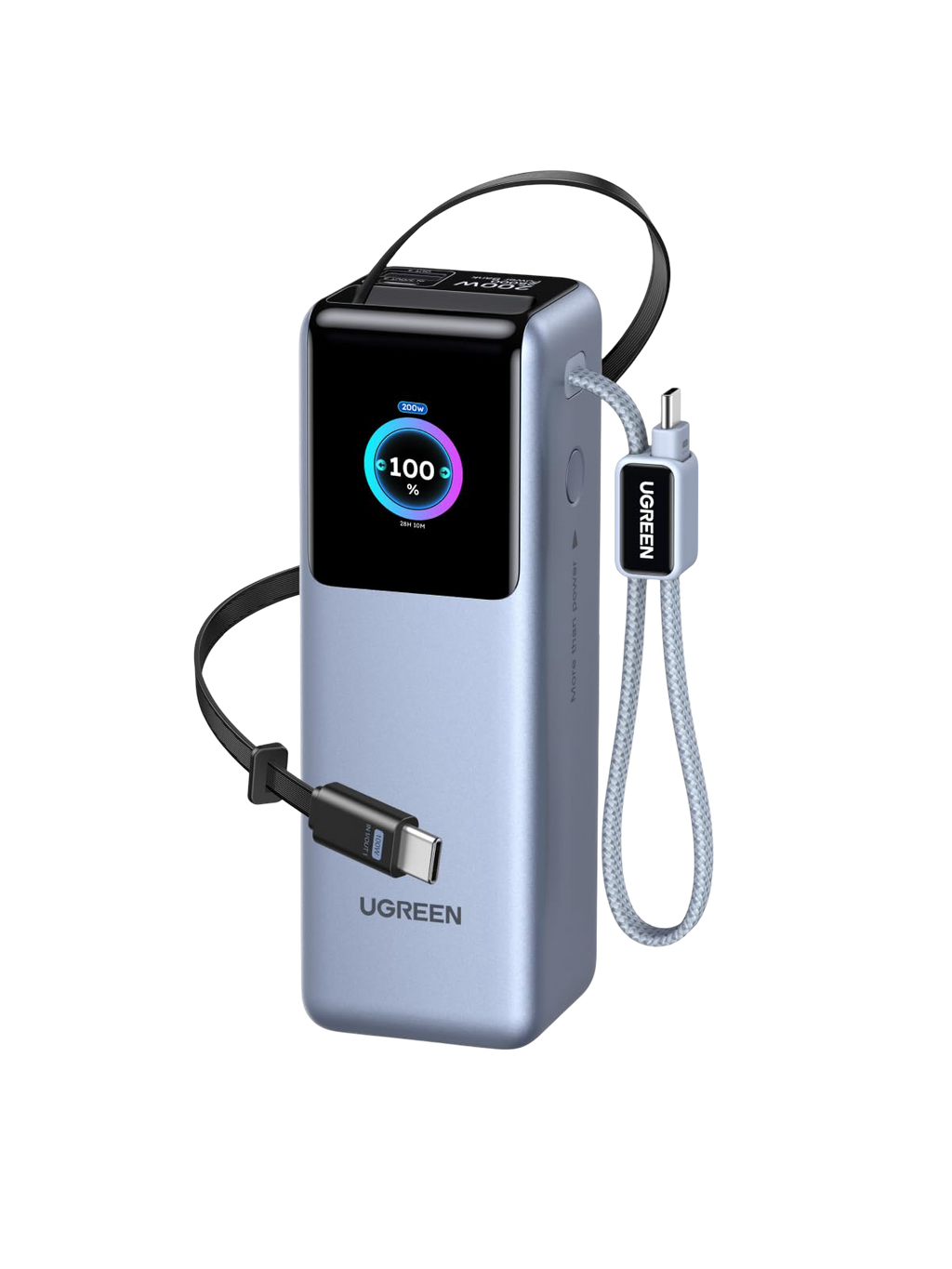 UGREEN Nexode Pro Batterie Externe 4-en-1 (25 000 mAh, 200 W, 2 Câbles USB-C Intégrés, Écran TFT)