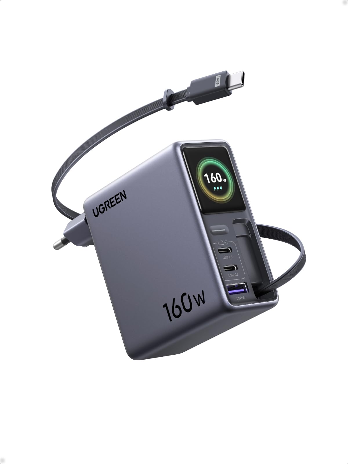 UGREEN Neoxde Pro 160W Chargeur USB C avec Écran Câble Rétractable