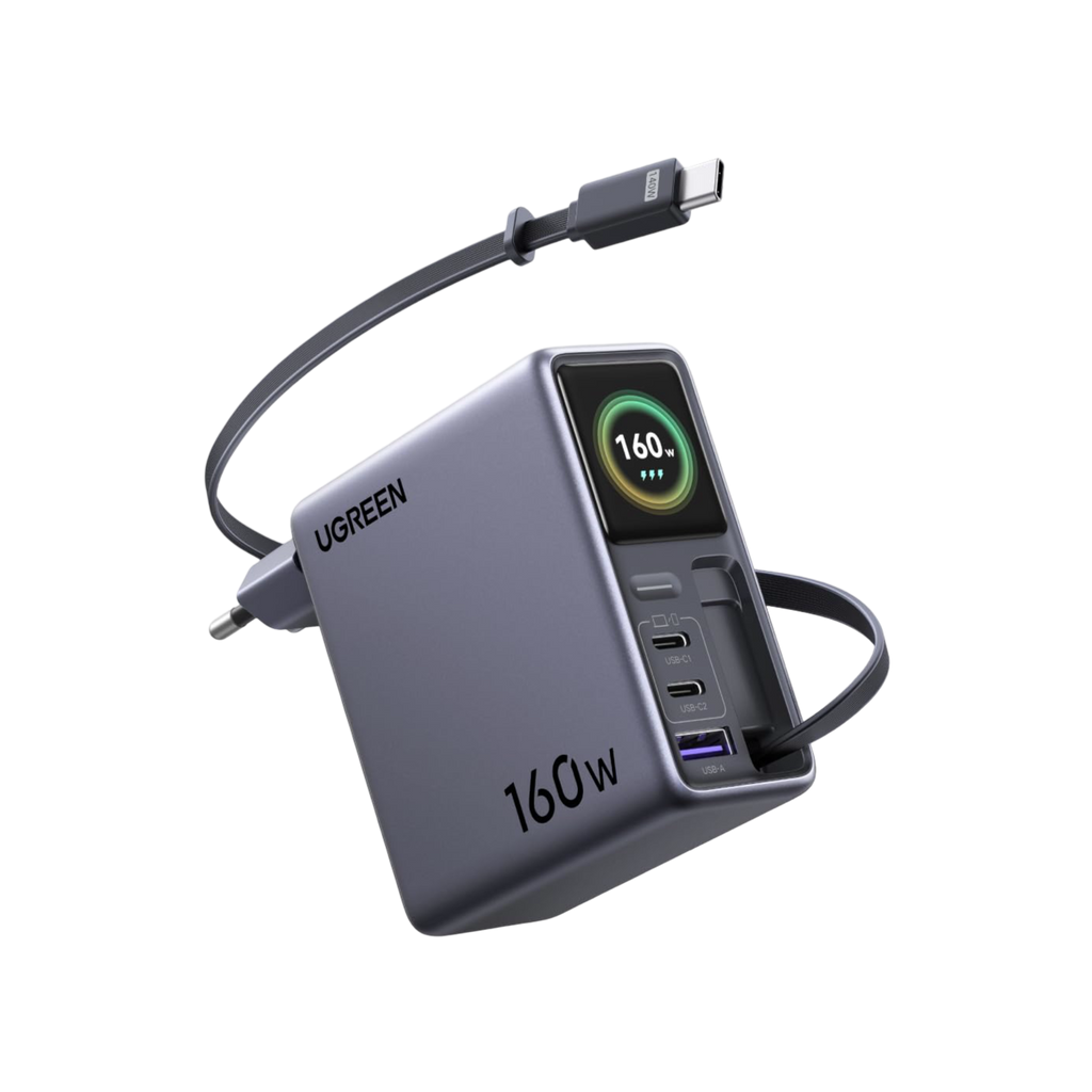 UGREEN Nexode Pro Chargeur avec Écran Intelligent (160 W, 4 Ports, GaN, Câble Rétractable, Contrôle via Application)