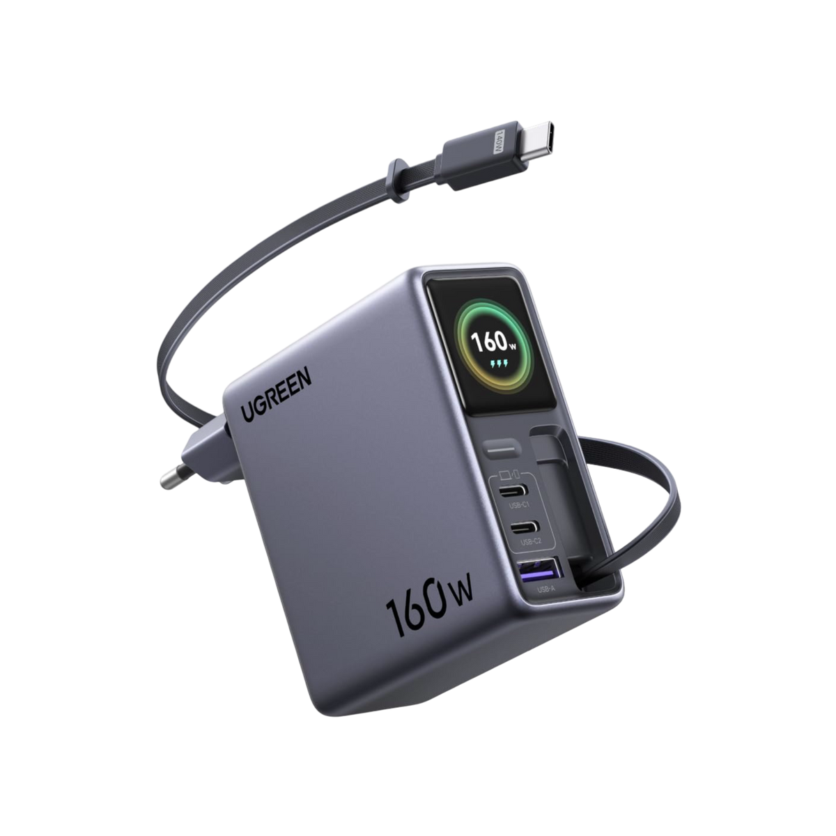 UGREEN Nexode Pro Chargeur avec Écran Intelligent (160 W, 4 Ports, GaN, Câble Rétractable, Contrôle via Application)