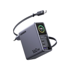UGREEN Nexode Pro Chargeur avec Écran Intelligent (160 W, 4 Ports, GaN, Câble Rétractable, Contrôle via Application)