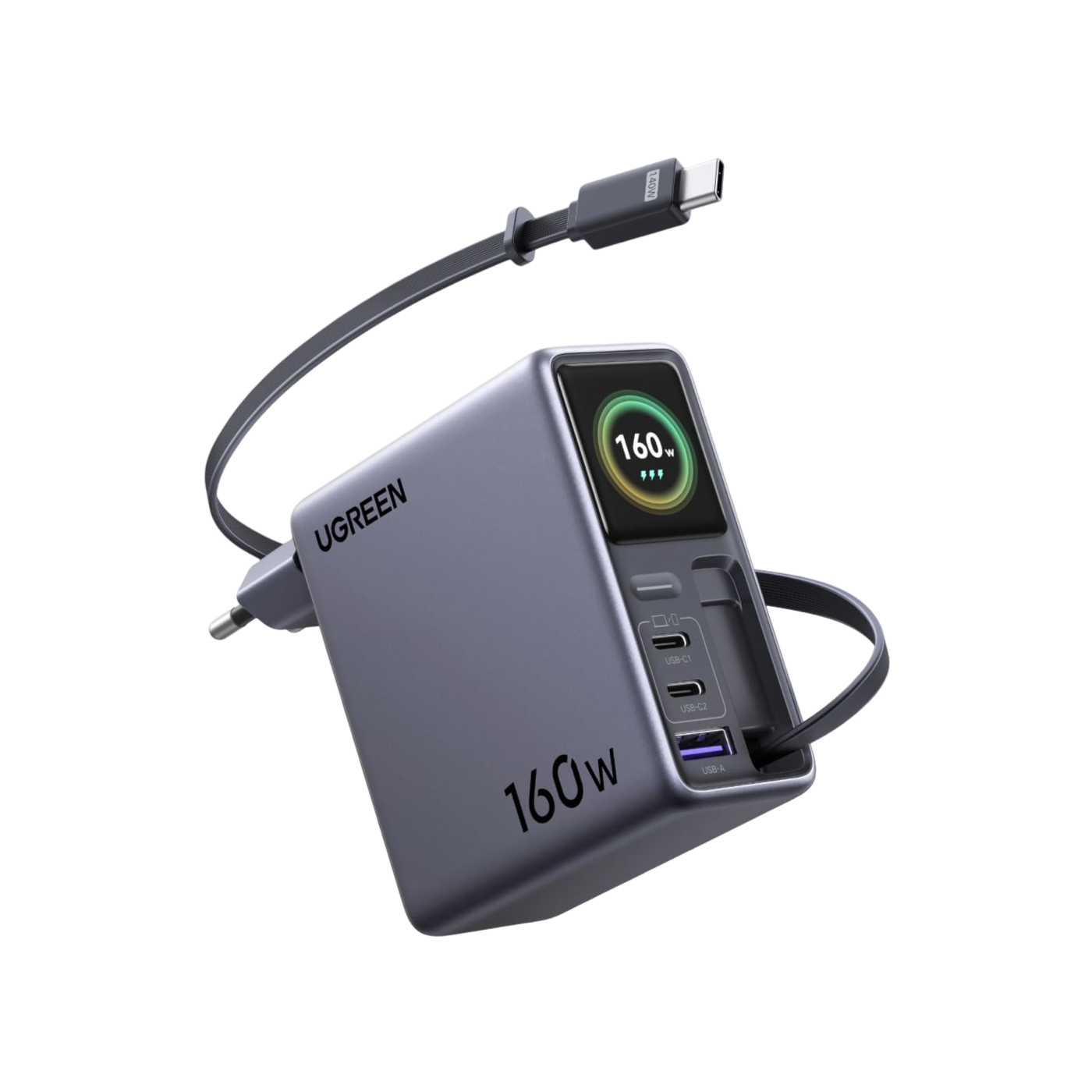 UGREEN Nexode Pro Chargeur avec Écran Intelligent (160 W, 4 Ports, GaN, Câble Rétractable, Contrôle via Application)