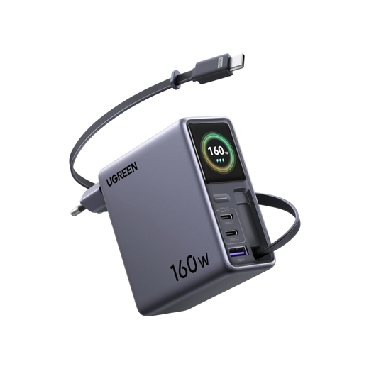 UGREEN Nexode Pro Chargeur avec Écran Intelligent (160 W, 4 Ports, GaN, Câble Rétractable, Contrôle via Application)