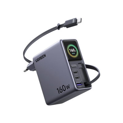 UGREEN Nexode Pro Chargeur avec Écran Intelligent (160 W, 4 Ports, GaN, Câble Rétractable, Contrôle via Application)
