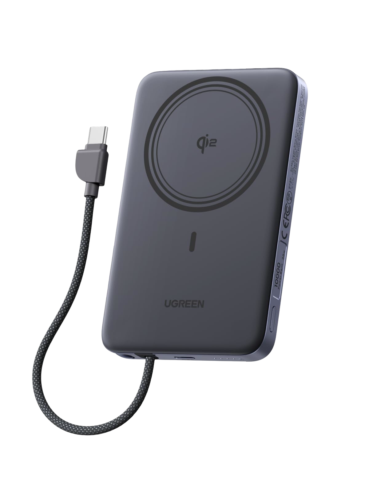 UGREEN MagFlow Air Batterie Externe Magnétique (10 000 mAh, Qi2 15 W, Câble USB-C Intégré)