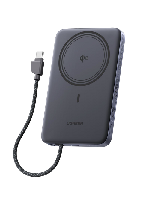 UGREEN MagFlow Air Batterie Externe Magnétique (10 000 mAh, Qi2 15 W, Câble USB-C Intégré)