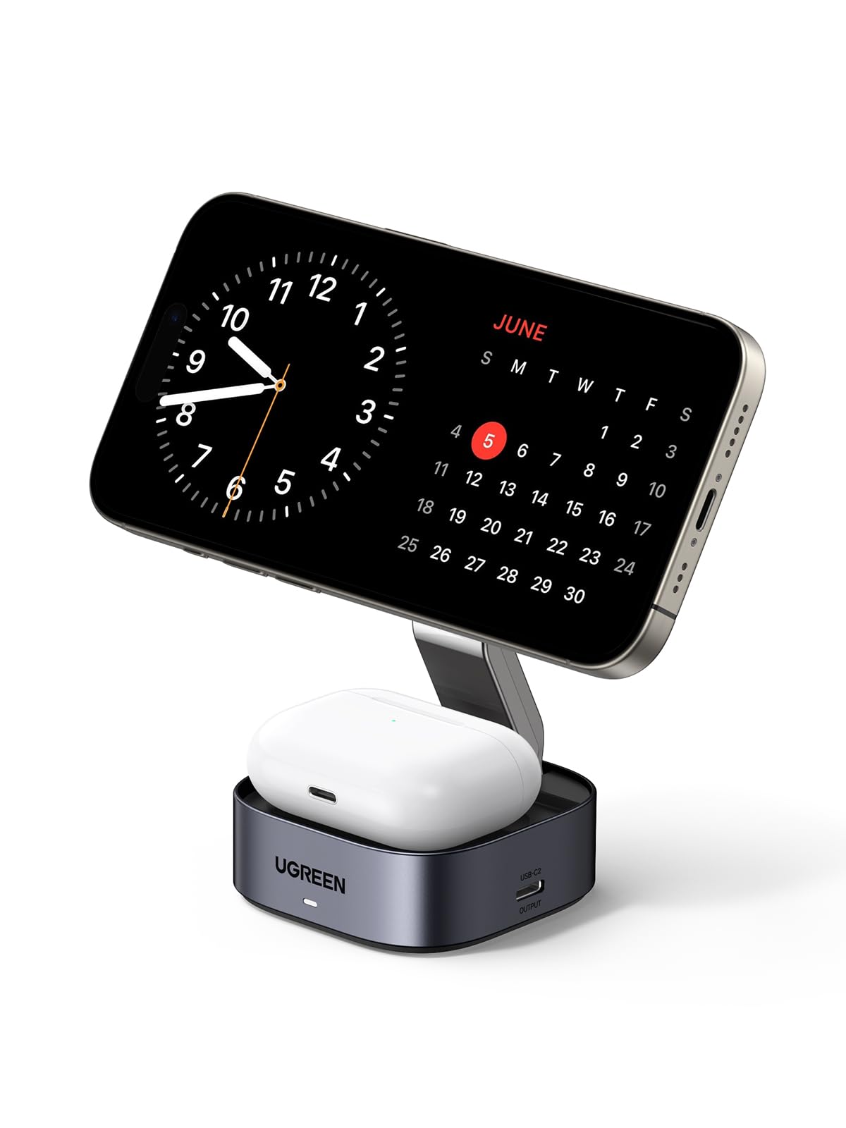 UGREEN MagFlow chargeur sans fil 2-en-1, entièrement compatible MagSafe et officiellement certifié Qi2, délivrant une charge sans fil Qi2 15 W avec une vitesse de charge doublée, doté d’un alignement magnétique puissant, capable de charger simultanément l’iPhone et les AirPods, avec un design ajustable pour une utilisation pratique.