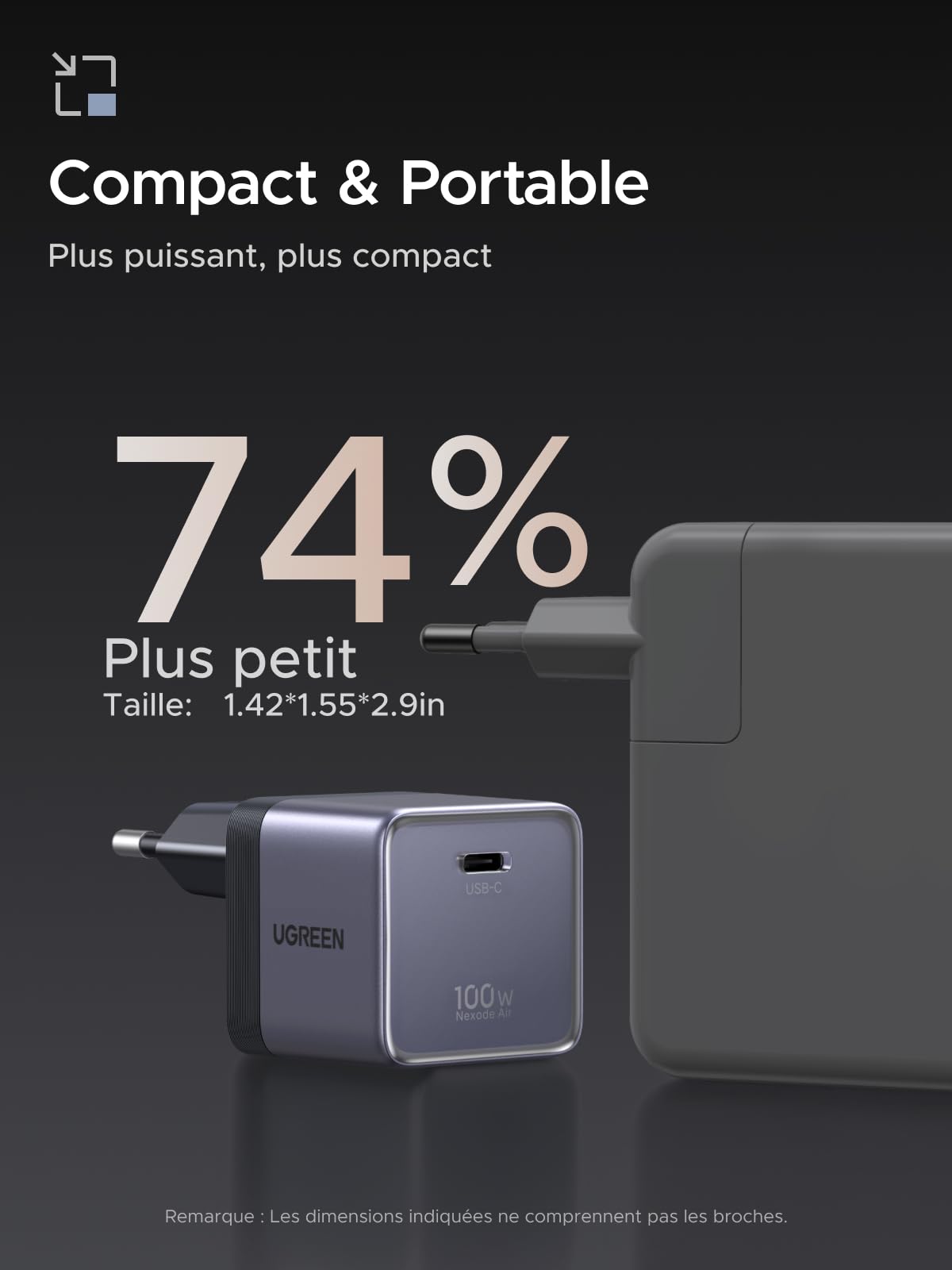 UGREEN Nexode Air 100W Chargeur USB C Rapide GaN Il Tech avec Câble