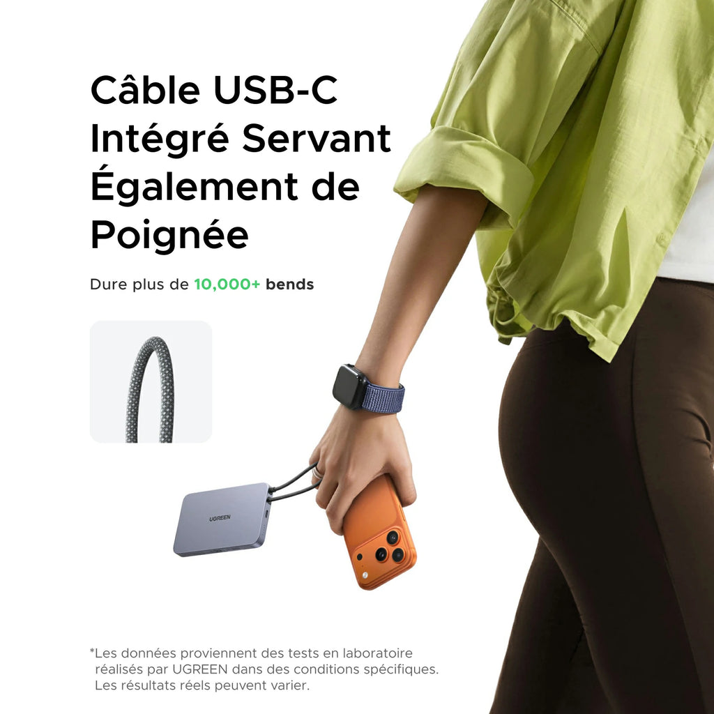 UGREEN MagFlow Air Batterie Externe Magnétique (10 000 mAh, Qi2 15 W, Câble USB-C Intégré)