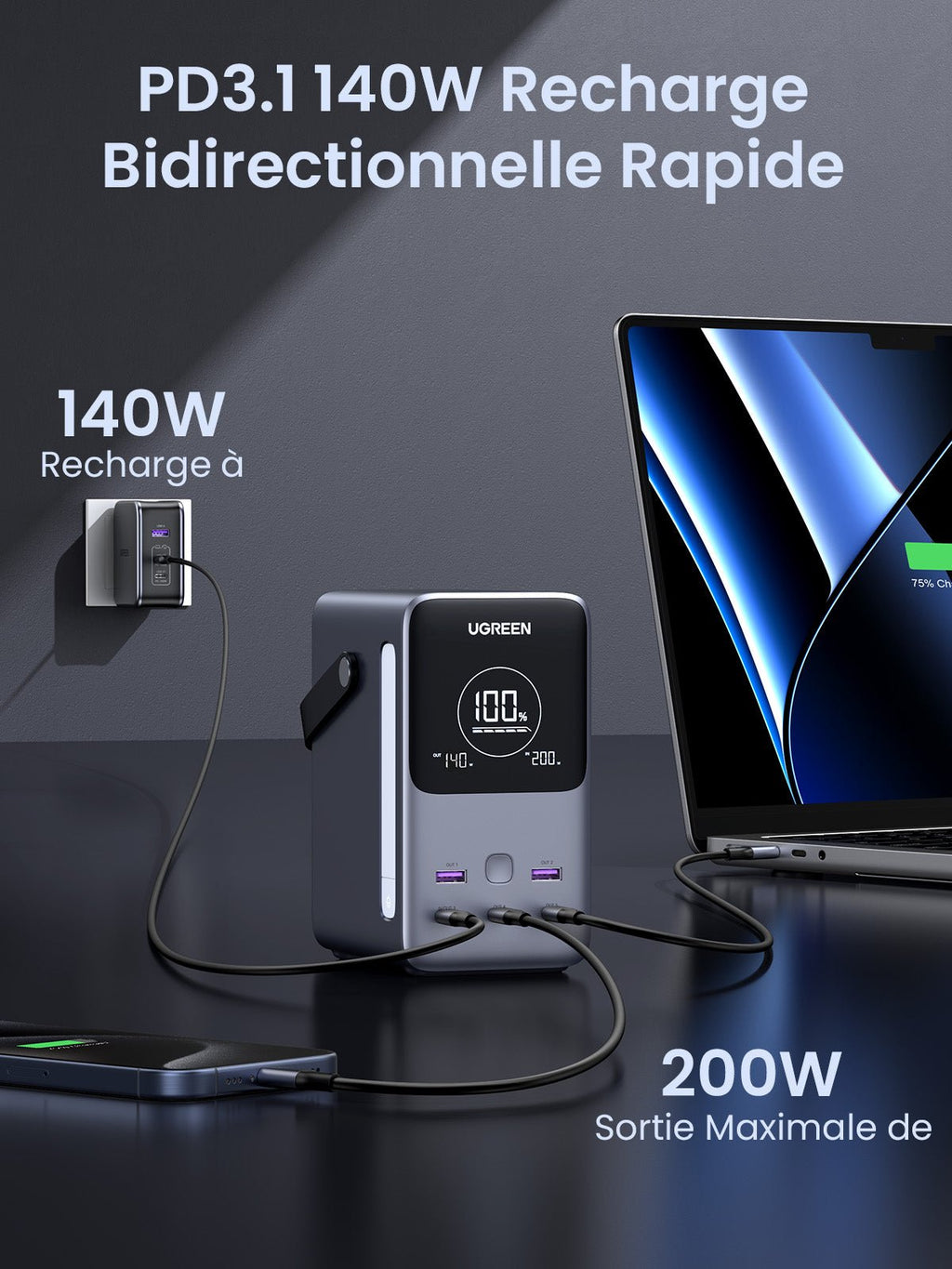 UGREEN 300W Batterie Externe Portable 48000mAh - PD 3.1 140W recharge bidirectionnelle rapide
