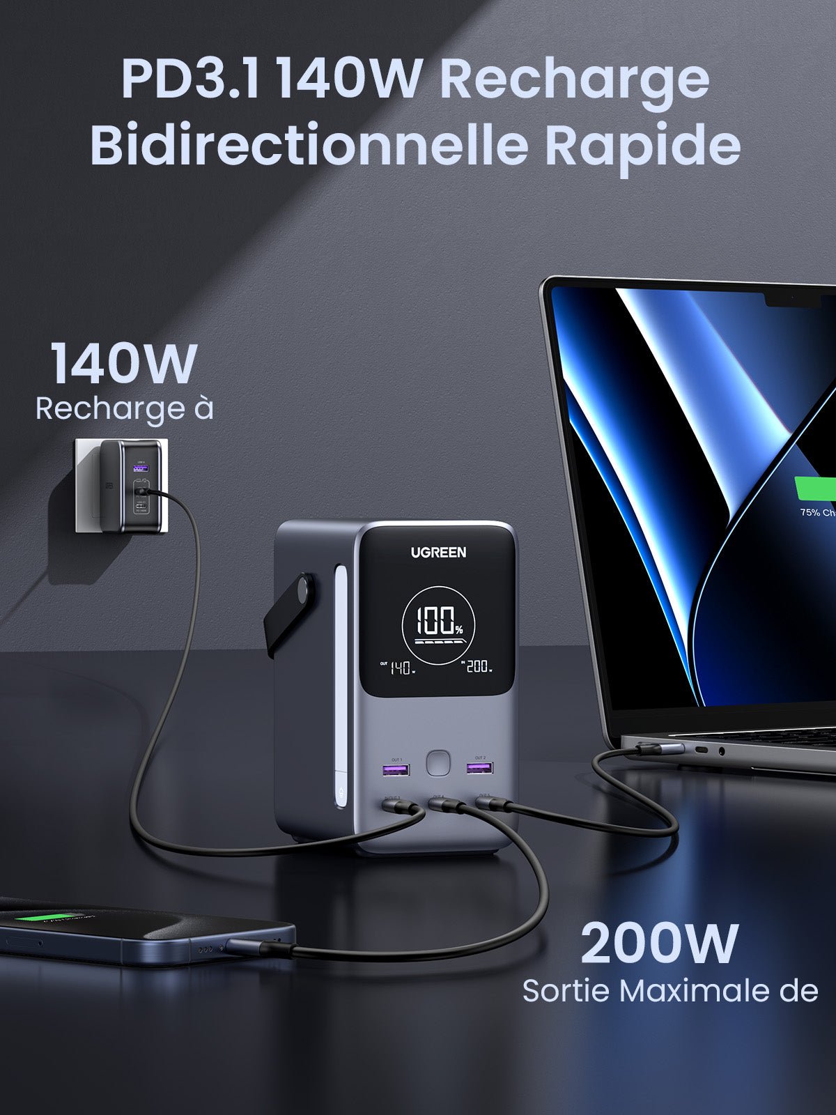 UGREEN 300W Batterie Externe Portable 48000mAh - PD 3.1 140W recharge bidirectionnelle rapide