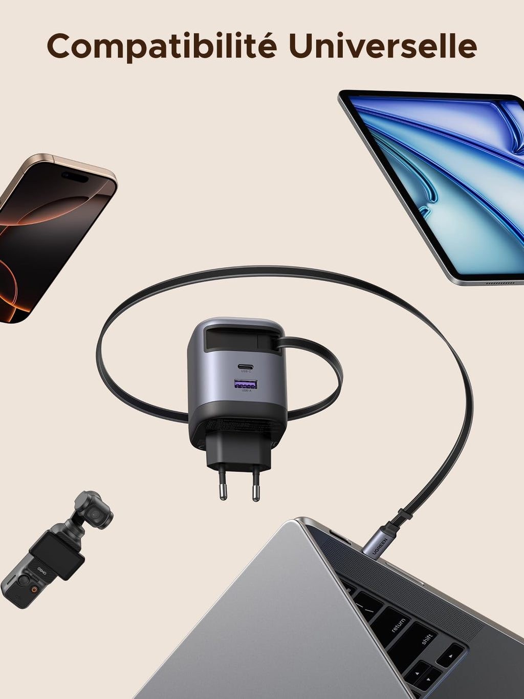 UGREEN chargeur rétractable avec compatibilité universelle pour de nombreux appareils.