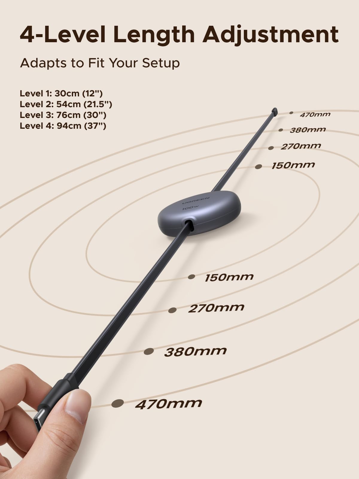 UGREEN Nexode Câble USB-C rétractable 100W avec quatre longueurs réglables pratiques (30 cm, 54 cm, 76 cm, 94 cm), s’adapte facilement à votre configuration pour une charge organisée et sans encombrement.