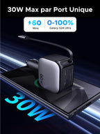UGREEN Nexode Chargeur Voiture 60W avec câble USB-C rétractable recharge le Galaxy S24 Ultra de 0 % à 100 % en seulement 60 minutes grâce à la technologie Power Delivery de 30W via le câble USB-C intégré – parfait pour une recharge rapide et efficace en voiture.