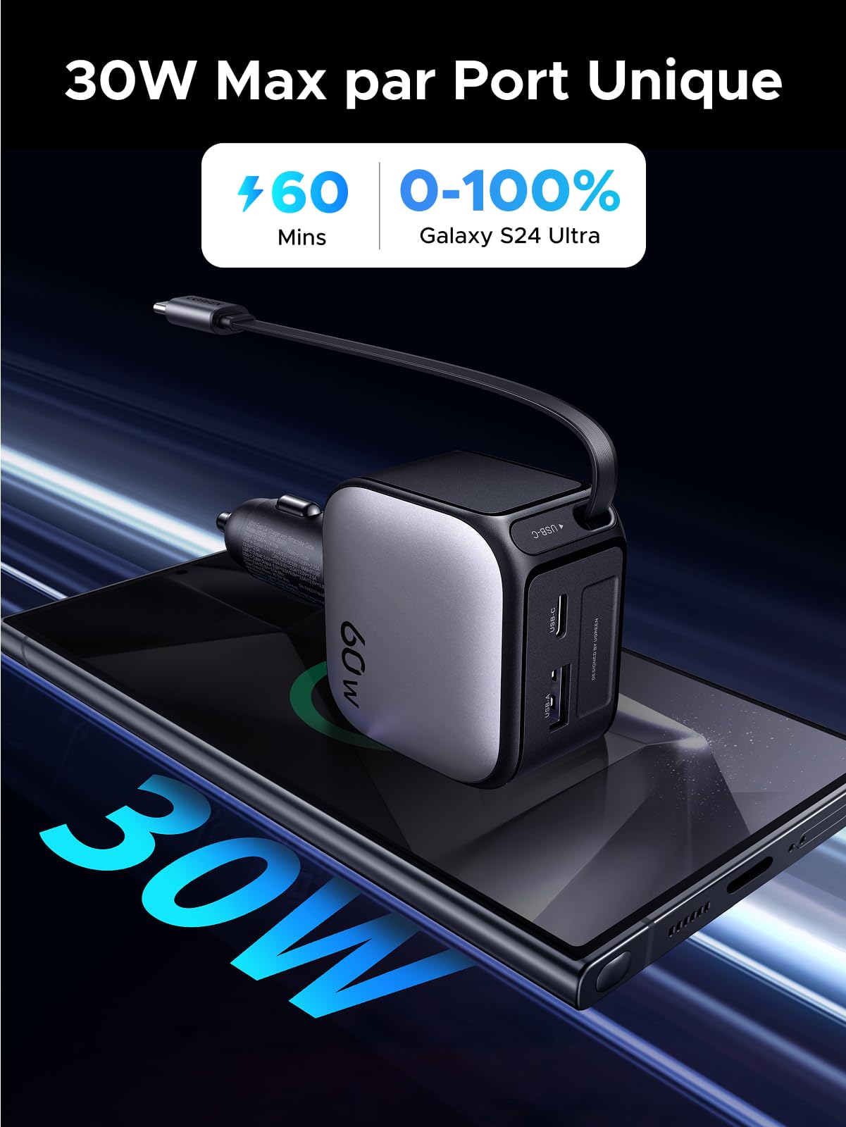 UGREEN Nexode Chargeur Voiture 60W avec câble USB-C rétractable recharge le Galaxy S24 Ultra de 0 % à 100 % en seulement 60 minutes grâce à la technologie Power Delivery de 30W via le câble USB-C intégré – parfait pour une recharge rapide et efficace en voiture.