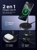 Le UGREEN MagFlow Chargeur Sans Fil 2-en-1 propose une charge sans fil Qi2 15W avec un design compatible MagSafe et une fixation magnétique solide, offrant 15W de charge rapide pour l’iPhone, 5W pour les AirPods et 5W pour les montres connectées (chargeur de montre non inclus).