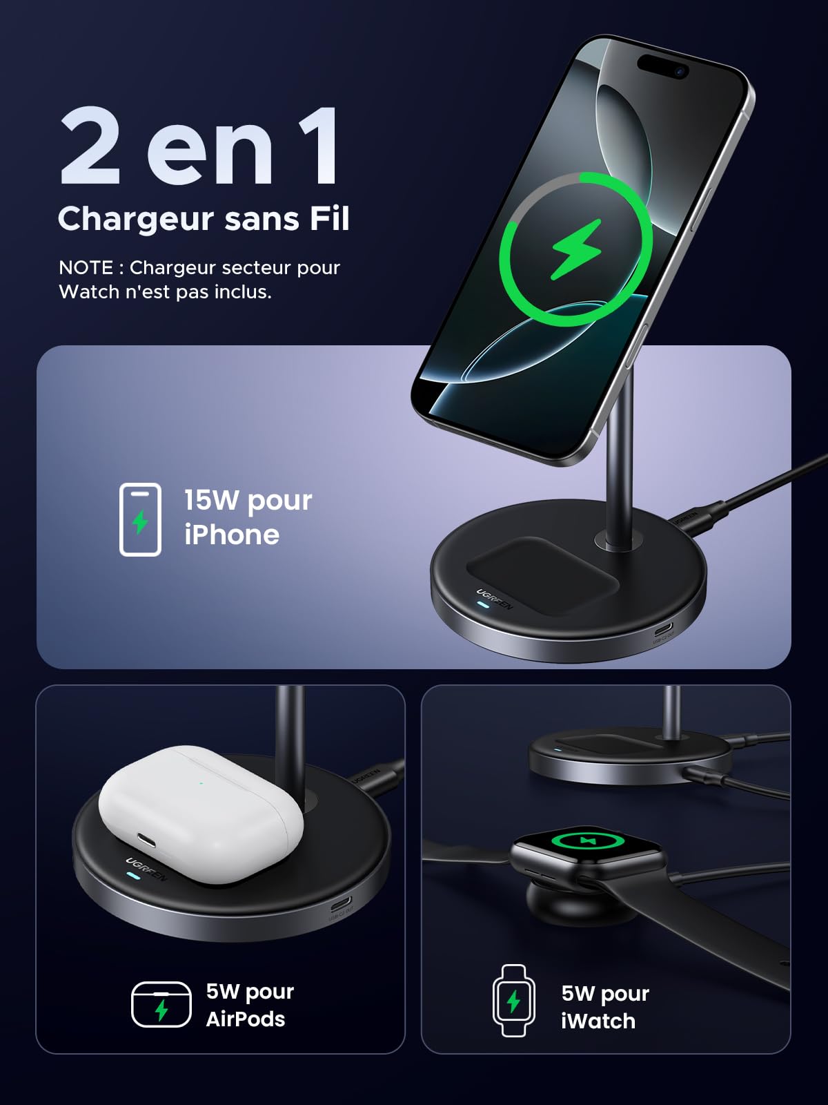 Le UGREEN MagFlow Chargeur Sans Fil 2-en-1 propose une charge sans fil Qi2 15W avec un design compatible MagSafe et une fixation magnétique solide, offrant 15W de charge rapide pour l’iPhone, 5W pour les AirPods et 5W pour les montres connectées (chargeur de montre non inclus).