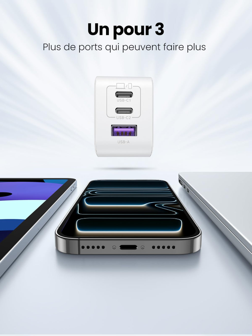 UGREEN Nexode 65W Chargeur USB C Rapide 3 Ports GaN Prise USB C (Blanc)