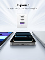 UGREEN Nexode 65W Chargeur USB C Rapide 3 Ports GaN Prise USB C (Blanc)