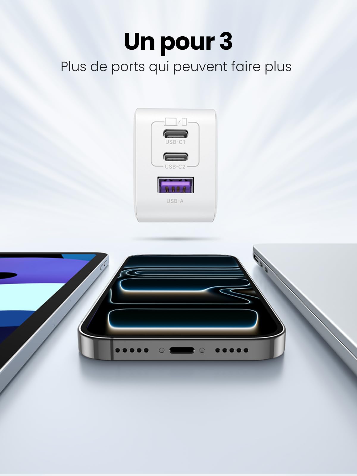 UGREEN Nexode 65W Chargeur USB C Rapide 3 Ports GaN Prise USB C (Blanc)