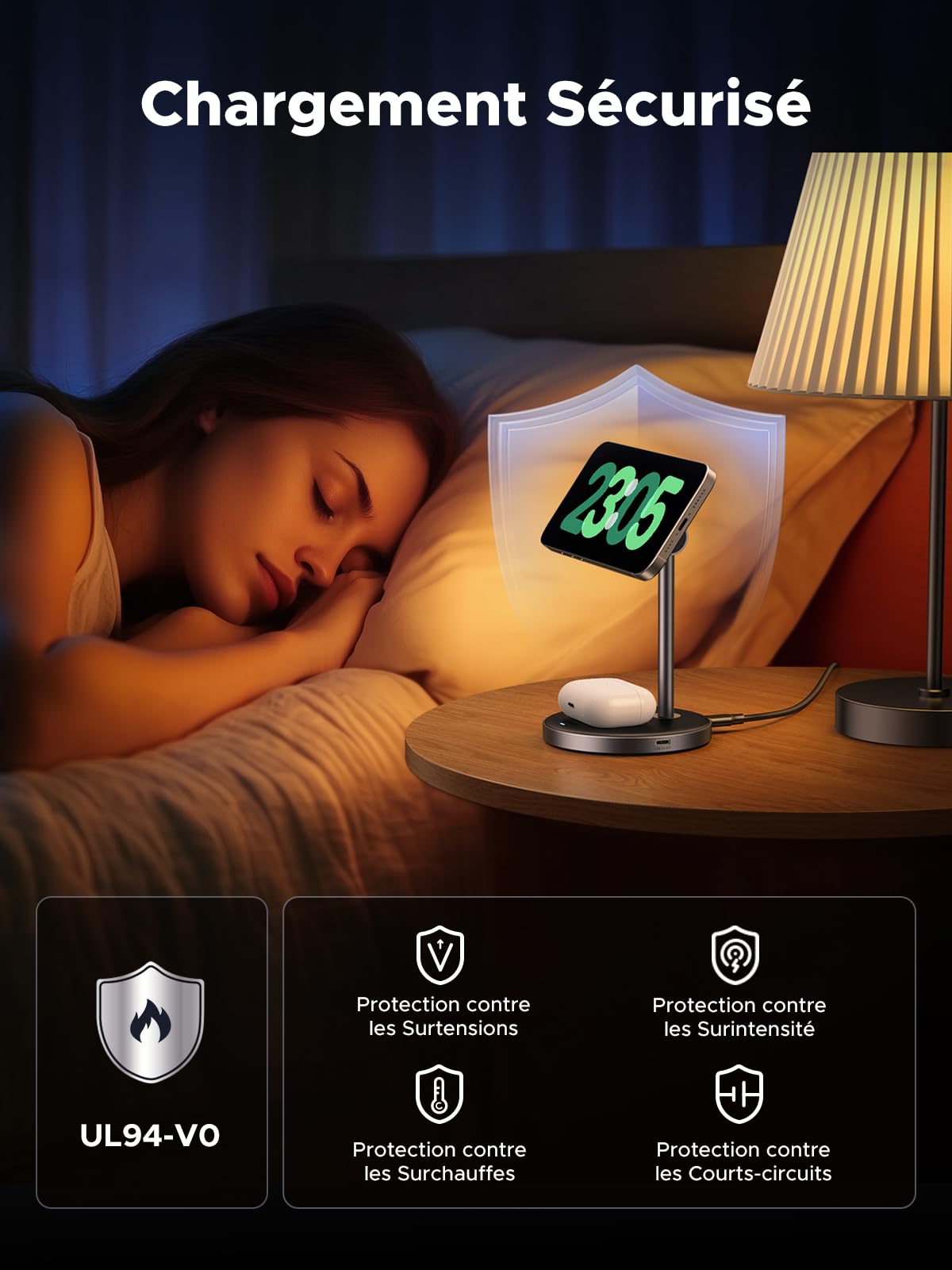 Le chargeur sans fil UGREEN MagFlow 2-en-1 fournit une charge Qi2 15W avec design compatible MagSafe et forte fixation magnétique, avec multiples protections de sécurité incluant la certification UL94-V0, protection contre surtension, surcourant, surchauffe et court-circuit pour un chargement sécurisé.