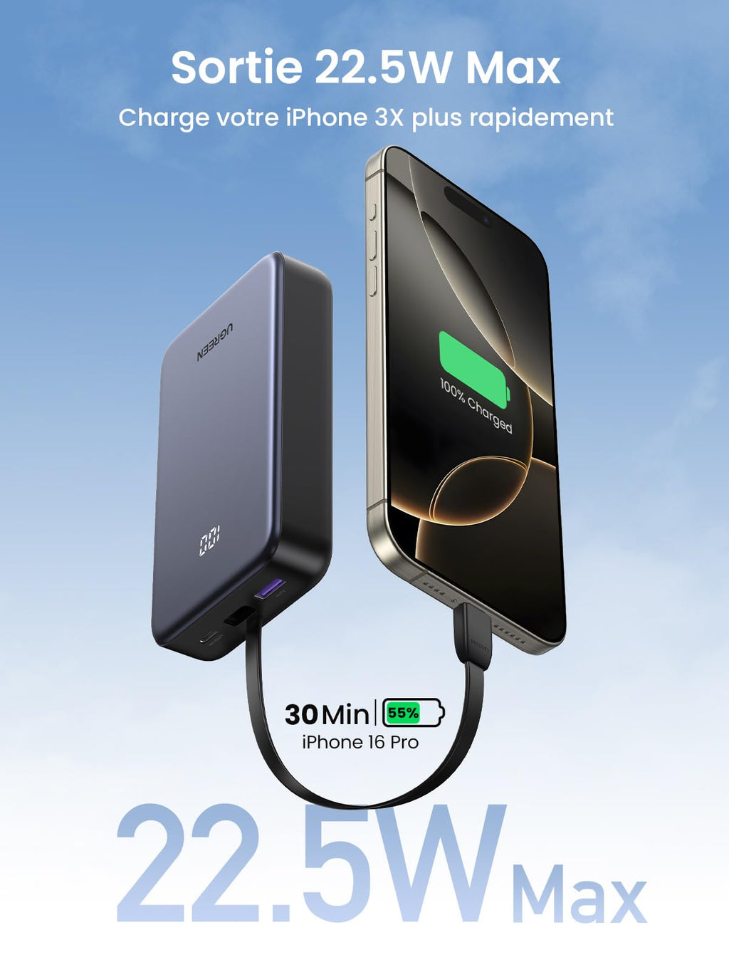 UGREEN Batterie Externe 20000mAh 22.5Wavec Câble USB C Intégré -sortie 22.5w max