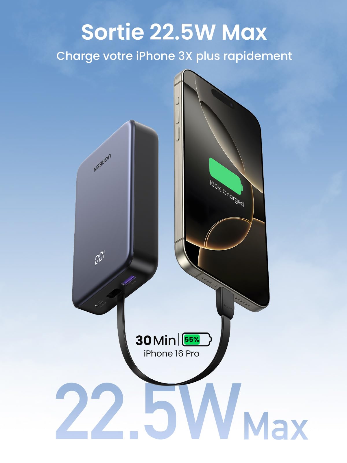 UGREEN Batterie Externe 20000mAh 22.5Wavec Câble USB C Intégré -sortie 22.5w max