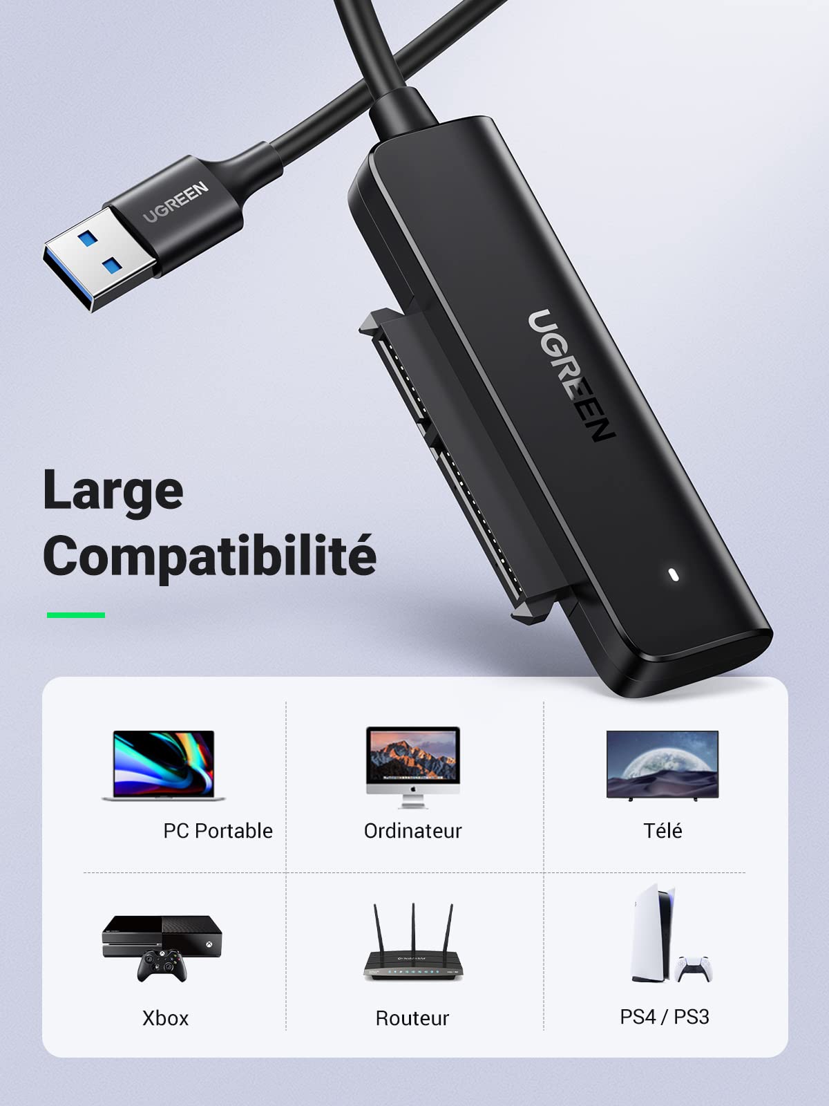 UGREEN Câble SATA USB 3.0 Adaptateur SATA USB pour Disques Durs 2,5 Pouces