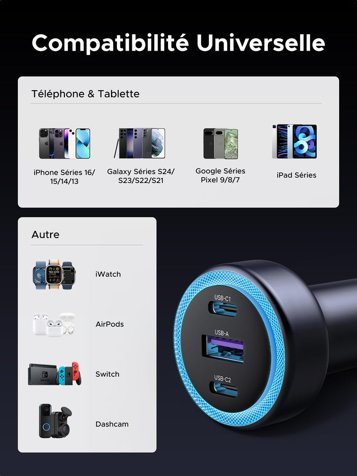 UGREEN Allume Cigare USB C 3 Ports 30W PD QC 3.0 Chargeur Voiture Rapide Lumière LED Compatible avec iPhone 16 Plus Pro Max 15 14 13 Galaxy S24 Ultra S23 Pixel 9 8 7