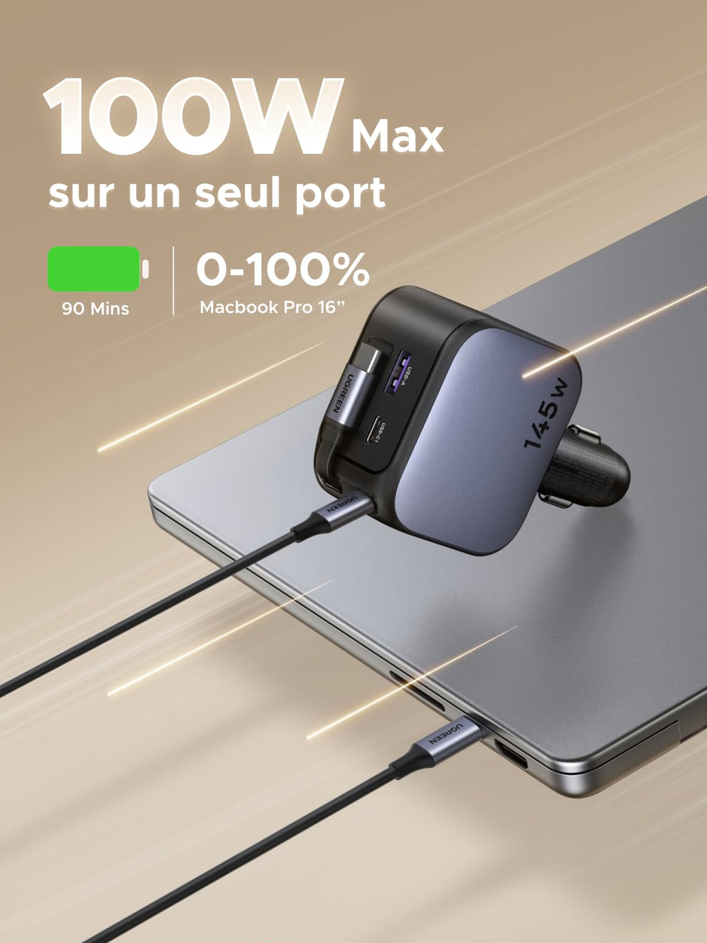 Le chargeur de voiture UGREEN Nexode 145W avec câble USB-C rétractable est un chargeur de voyage (travel charger) ultra performant, capable de fournir jusqu’à 100W via un seul port, rechargeant un MacBook Pro 16’’ de 0 à 100 % en seulement 90 minutes – parfait pour les longs trajets.