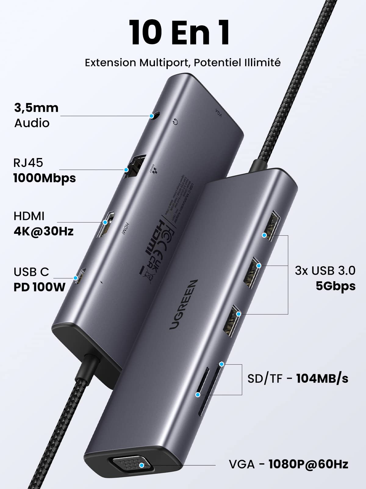 UGREEN 10 en 1 Hub USB C HDMI VGA Double Écran Dock Station USB C 100W