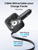 Le chargeur de voiture UGREEN Nexode 90W avec câble USB-C rétractable dispose d’un câble extensible jusqu’à 70 cm, testé pour plus de 25 000 rétractions et 10 000 cycles de pliage – une solution durable et flexible pour la recharge en voiture.
