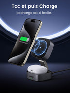 UGREEN MagFlow chargeur sans fil 2-en-1 avec alignement magnétique puissant, entièrement compatible MagSafe, permettant à l’iPhone et aux AirPods de démarrer instantanément la charge sans fil Qi2 15 W avec un simple "snap" pour une charge mains libres facile et sans effort.