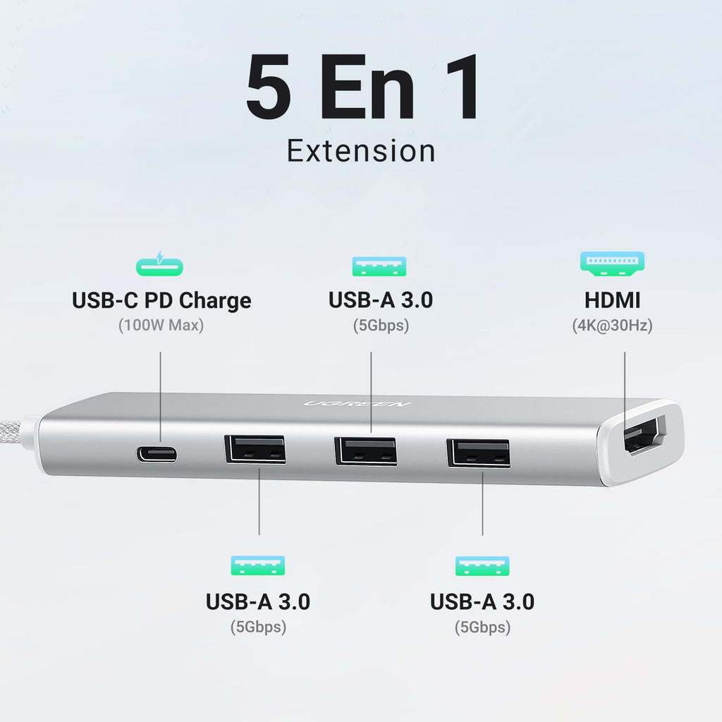 UGREEN Hub USB C 5 en 1 avec HDMI 4K 100W PD Charge 3 Ports USB 3.0 Adaptateur USB C