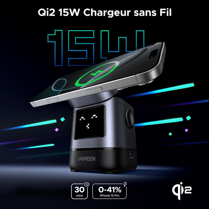 UGREEN Uno Qi2 Chargeur Induction iPhone 2 en 1 Certifié 15W Compatible avec MagSafe