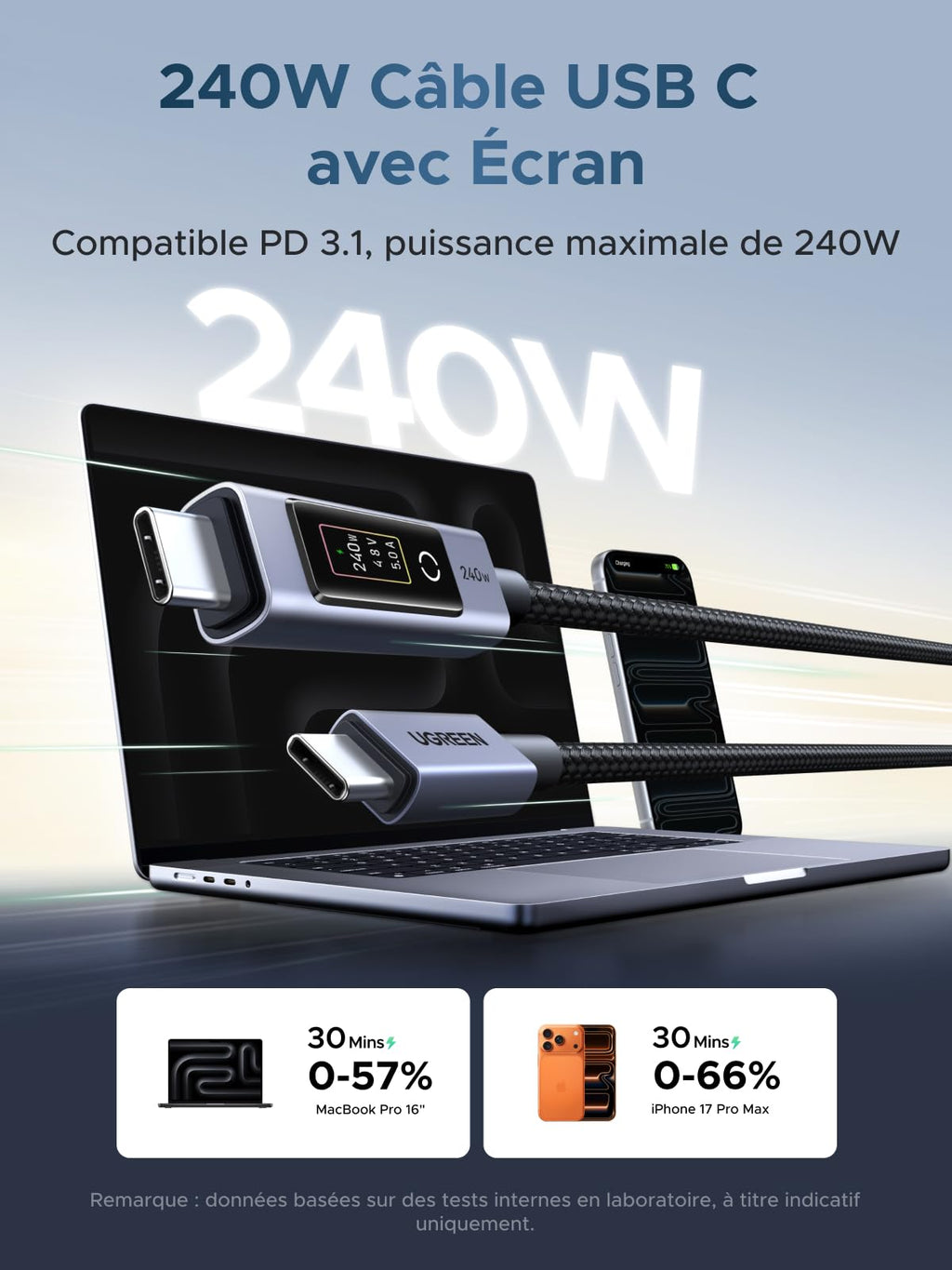 UGREEN Nexode Câble USB C 240W avec Écran LCD 48V 5A PD 3.1 (1M) | Type C Charge Rapide, Compatible avec MacBook Ordinateur Portable de Jeu iPad iPhone 17 Pro Max Air Galaxy S26 S25 Pixel 10.