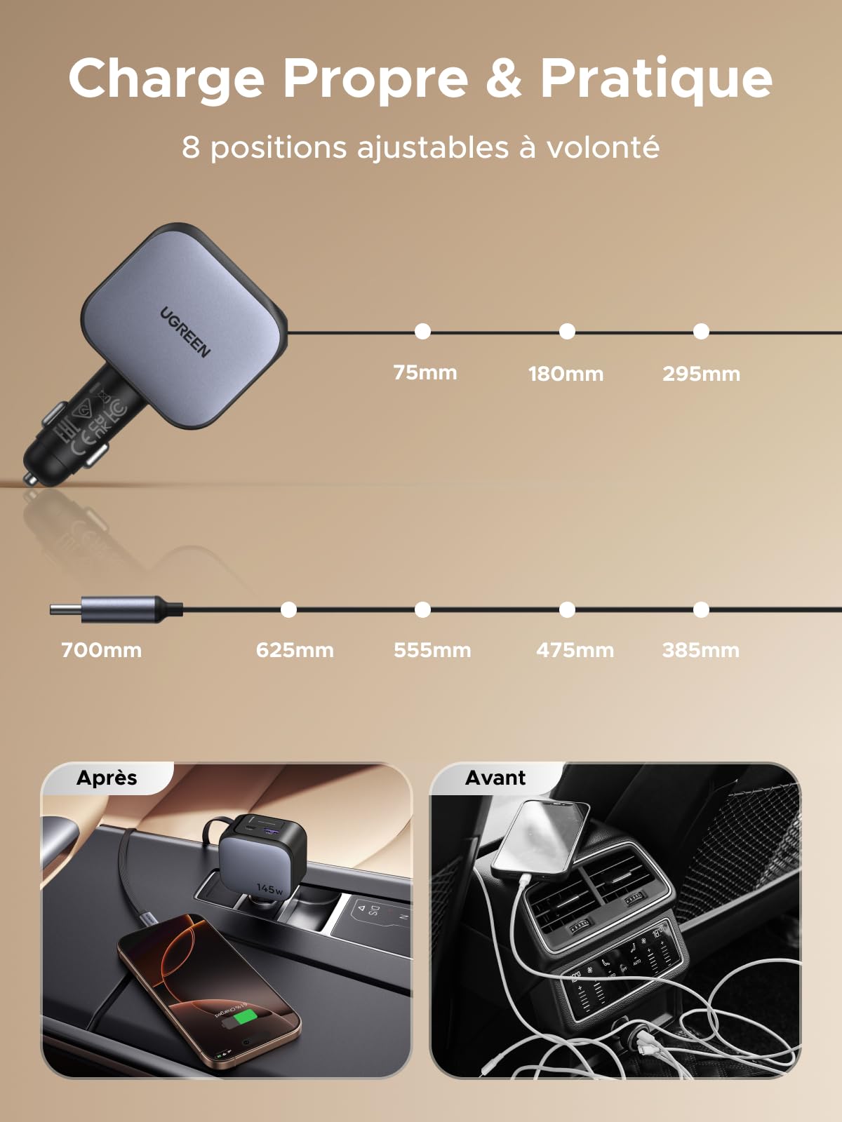 Avant d’utiliser le chargeur de voyage UGREEN Nexode 145W avec câble USB-C rétractable, les câbles étaient enchevêtrés dans la voiture ; désormais, grâce aux 8 longueurs réglables, ce chargeur de voyage maintient un espace de charge propre et bien rangé pendant vos déplacements.