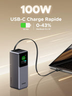 UGREEN Nexode Batterie externe 20000 mAh 165W avec câble USB-C rétractable, un chargeur de voyage haute performance idéal pour le voyage, délivrant une charge rapide USB-C de 100W capable d’alimenter un MacBook Pro 16" jusqu’à 43 % en 30 minutes.