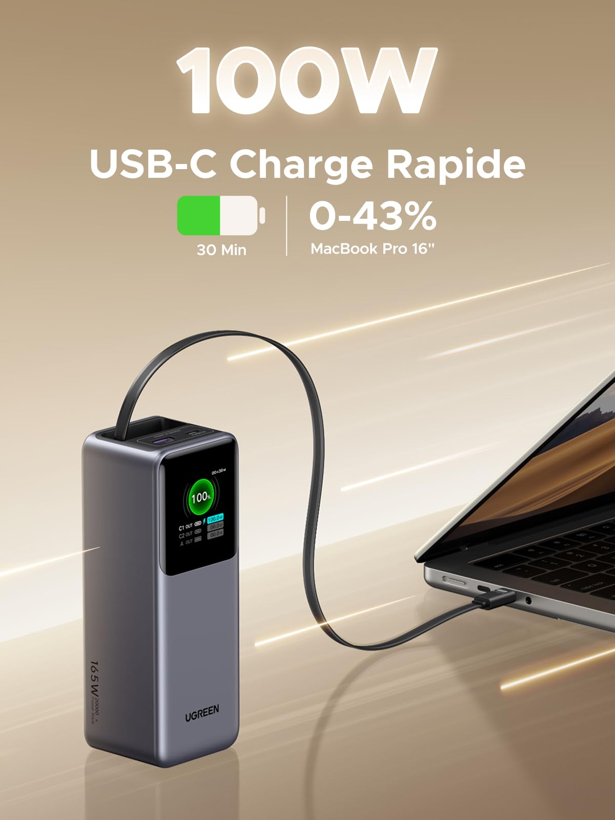 UGREEN Nexode Batterie externe 20000 mAh 165W avec câble USB-C rétractable, un chargeur de voyage haute performance idéal pour le voyage, délivrant une charge rapide USB-C de 100W capable d’alimenter un MacBook Pro 16" jusqu’à 43 % en 30 minutes.