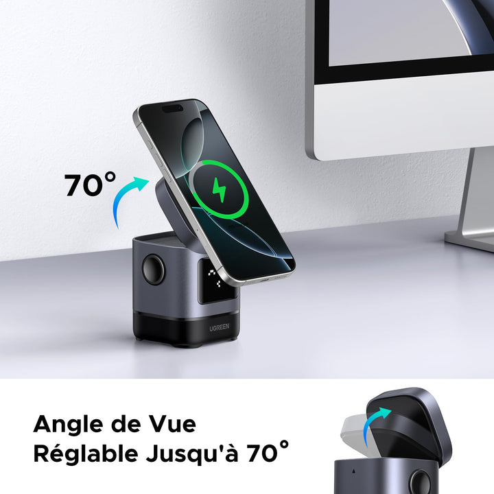 UGREEN Uno Qi2 Chargeur Induction iPhone 2 en 1 Certifié 15W Compatible avec MagSafe